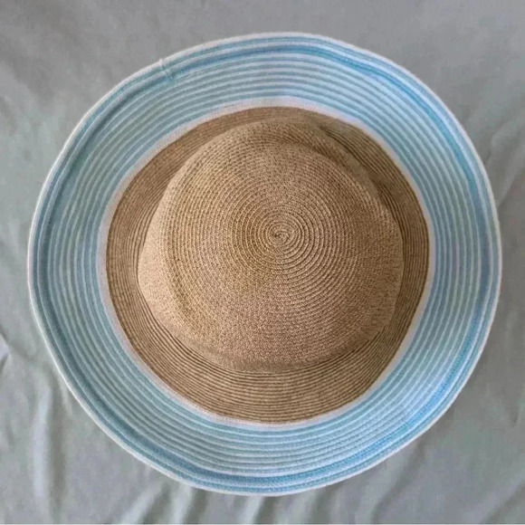 ERIC JAVITS Hampton Sun Hat Squishee Straw Packable Wide Brim Natural Gold Blue - Picture 6 of 12